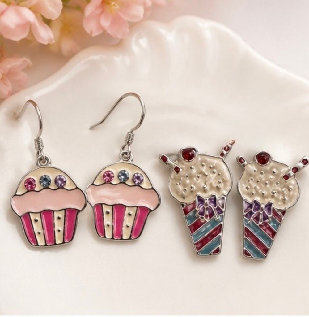 Cupcake & Milkshake Rhinestone Dangle Earrings Sweet Dessert Pair